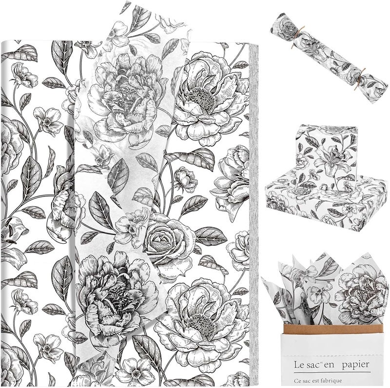 Sanixin 100Sheets Vintage Floral Tissue Paper for Gift Wrapping Retro Spring Flowers Tissue Paper for Gift Bags for Bridal Shower Birthday Party Wedding DIY Craft Supplies, 20 × 14 Inches (Black) - Image 1